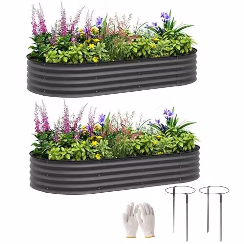 Outsunny Set of 2 Grey Metal Raised Beds for Ornamental or Vegetable Gardens, W/D/H: 181 x 93 x 30 cm