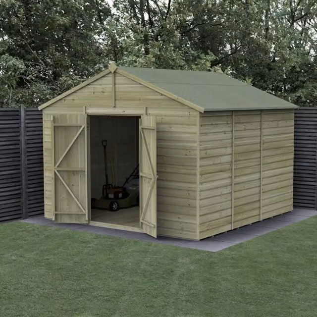Forest Garden Shiplap Apex Wood Garden Shed with Double Doors in Green or Brown, W/D/H: 304.8 x 304.8 cm