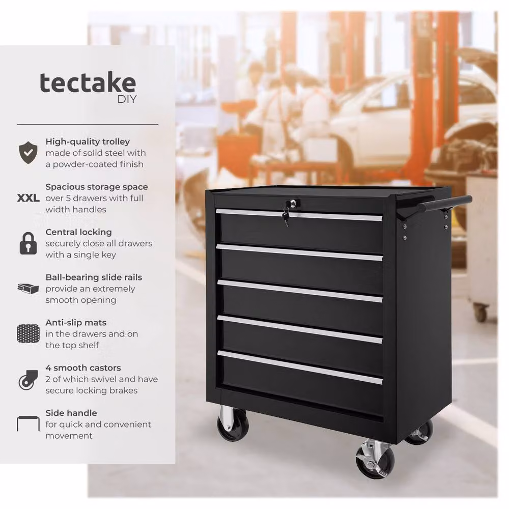tectake Lockable and Rollable Metal Tool Chest in Black – 2