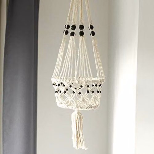 KDMD Large Single Beaded Macrame Pot Holder in White – 1