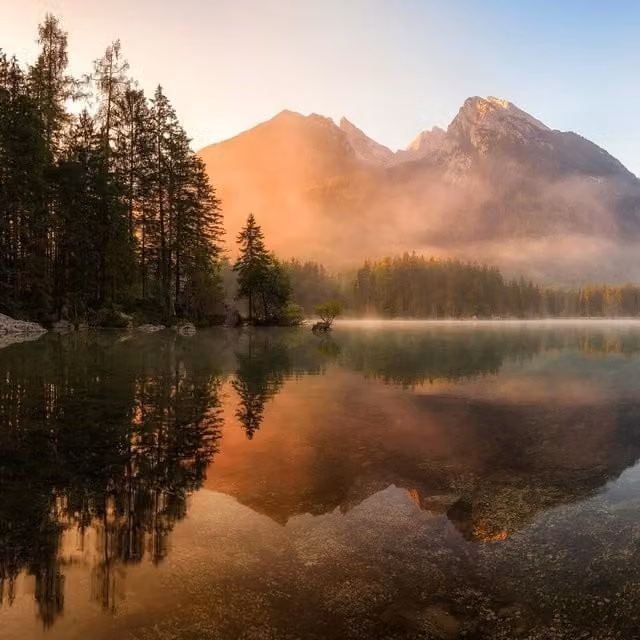 Mountain Lake Wall Mural in Orange