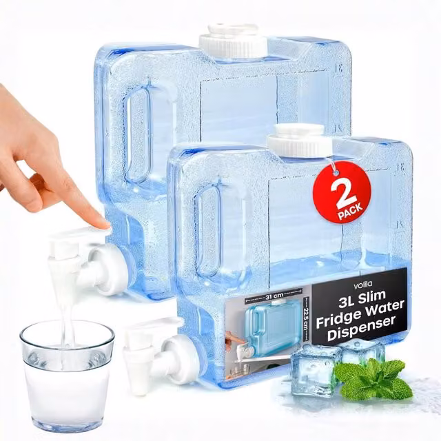 Volila 2 Pack Slim Fridge Water Dispenser Jugs with Tap, 3L Capacity, Transparent