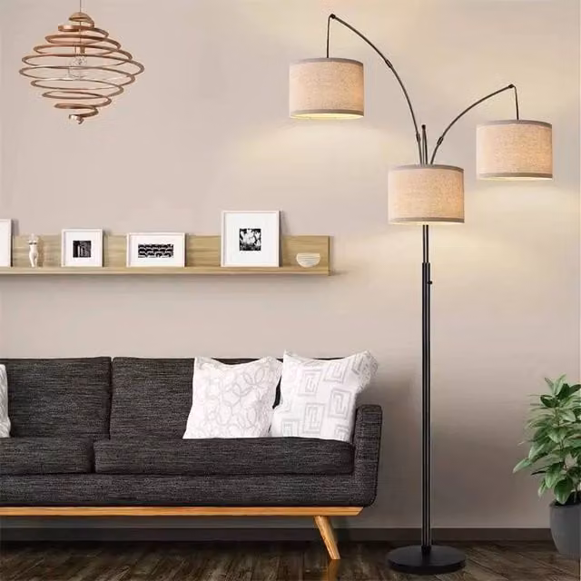 VOGREX Modern 3 Light Floor Lamp with Rotary Knob and Black Linen Shade – 1