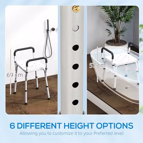 HOMCOM Non-Slip Portable Shower Stool with Adjustable Height and Drainage Seat in White – 3