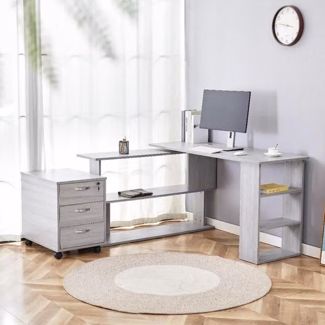 Kosy Koala Modern L-Shaped Office Desk with Shelves and Drawer Pedestal in Grey