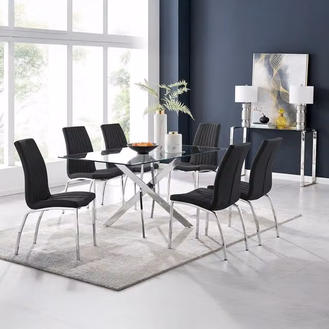 FurnitureboxUK Leonardo Dining Table with Six Isco Chairs, Black and Transparent