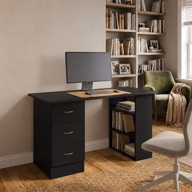 Home Treats Modern Black Wooden Computer Desk with Dual Pedestal and Shelves W: 120 cm, D: 49 cm, H: 120 cm