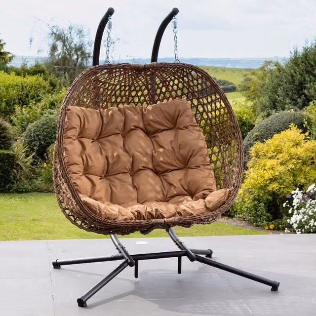 Artemis Home Beauchamp Brown Polyrattan Double Swinging Garden Seat with Cushions