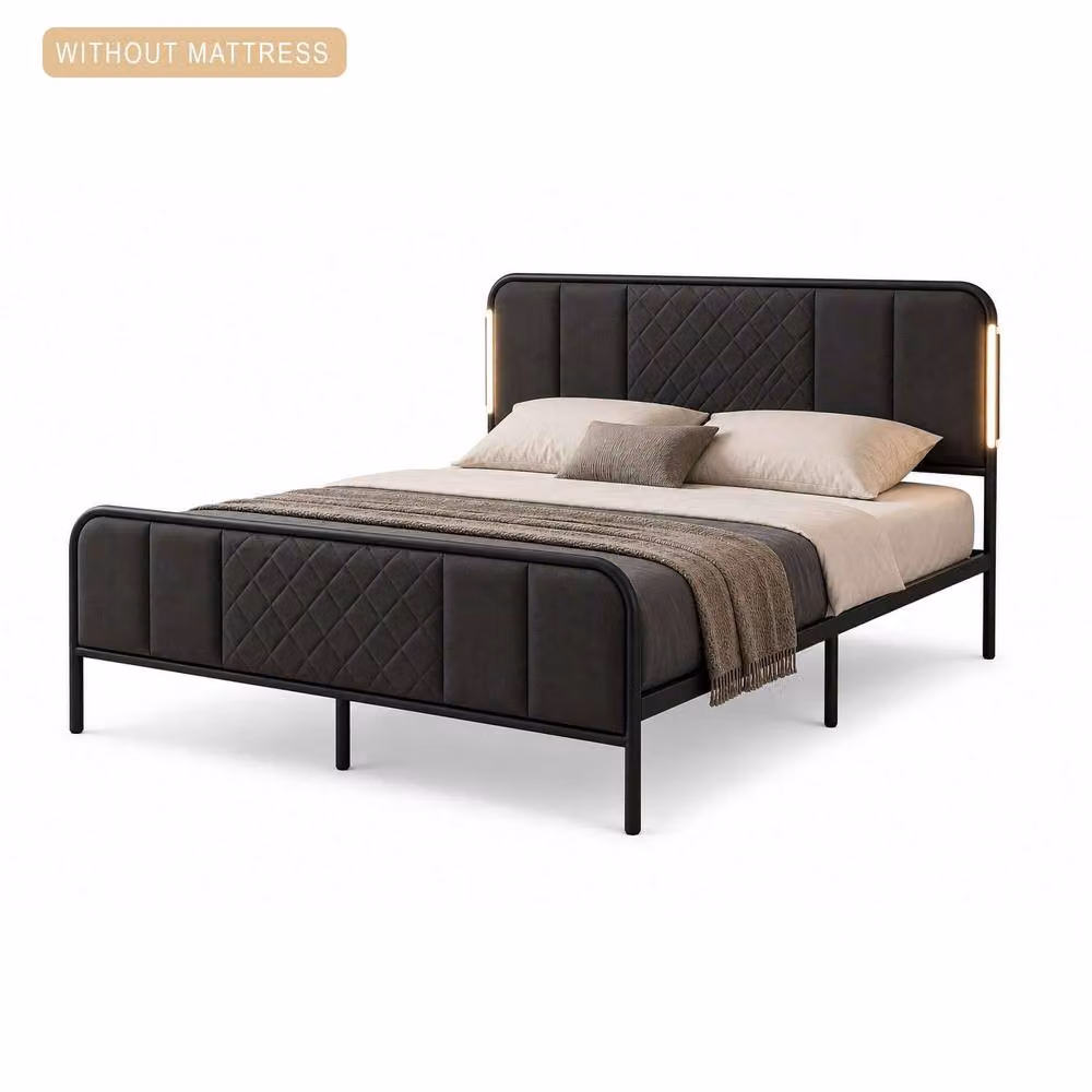 Sliding Wardrobes 4U Modern Double LED Bed Frame with Quilted Headboard in Black, W/D/H: 190 x 137 x 110 cm – 3