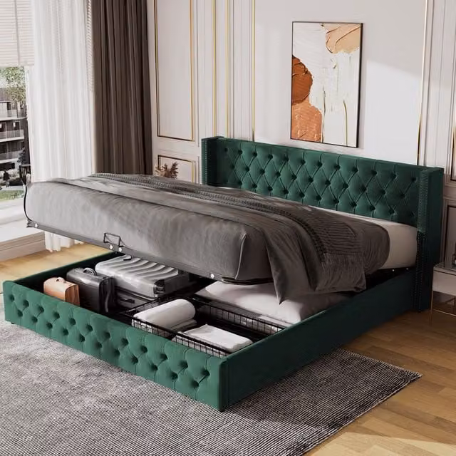 Matteo Luxury Green Velvet Upholstered Double Bed Frame with Hydraulic Ottoman Storage W: 135 cm, D: 190 cm – 1