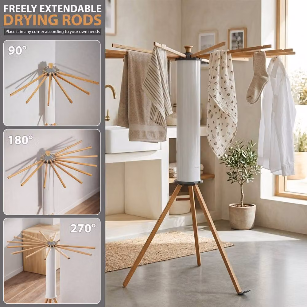 Crystals Octopus Drying Rack Clothes Airer with 16 Wooden Rod Arms, Foldable, White, W/D/H: 120 x 110 x 0 cm – 3