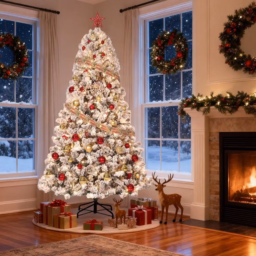 London Boutique 7.5ft Snow-Flocked Artificial Christmas Tree with Warm White LED Lights in White – 4