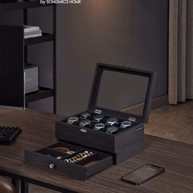 SONGMICS 2-Tier Wood Watch Box with Glass Lid, Black