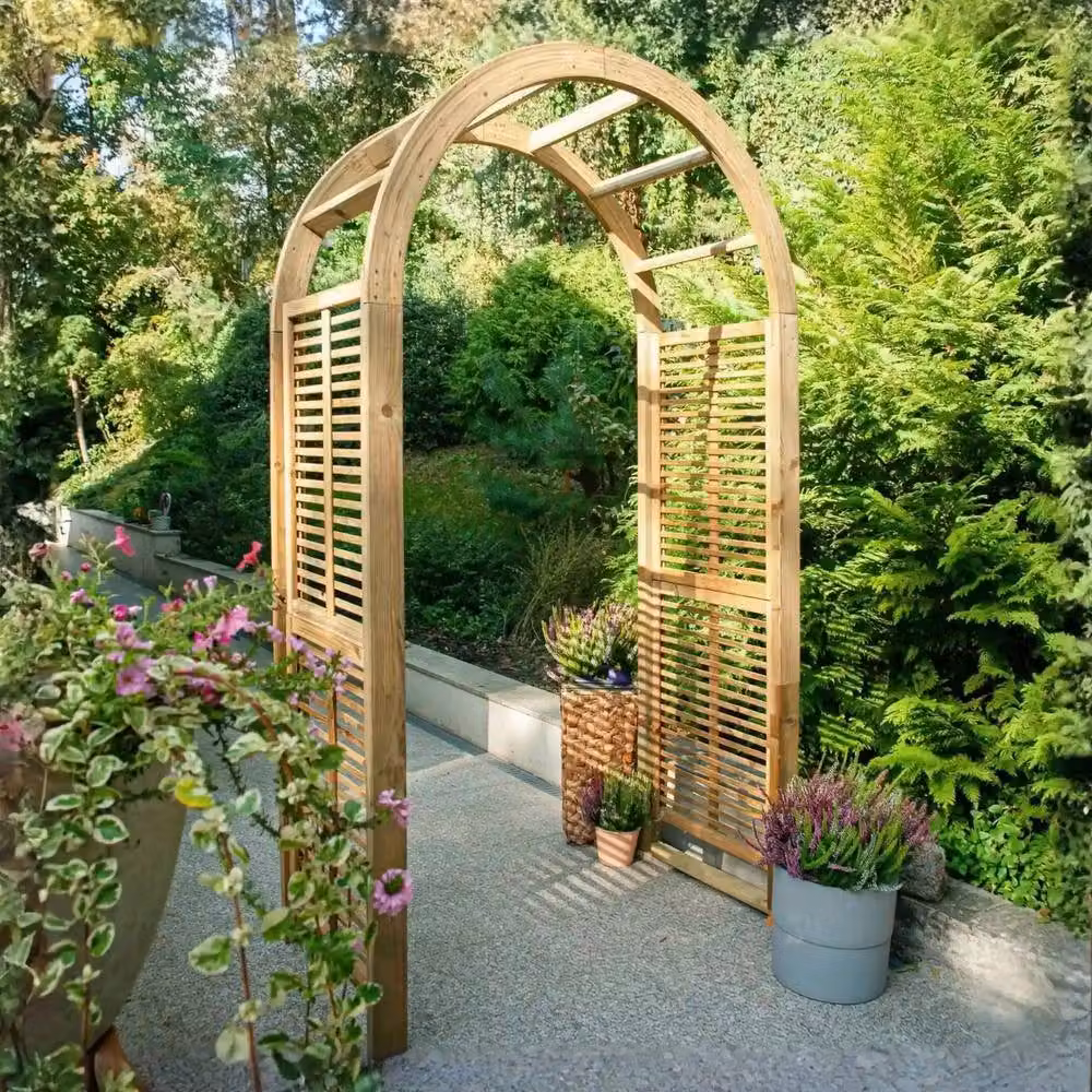 Jagram Garden Buildings Rose Wooden Garden Arch in Brown, Contemporary Pressure Treated Timber Trellis Support, H 244 x W 68 x D 68 cm – 2