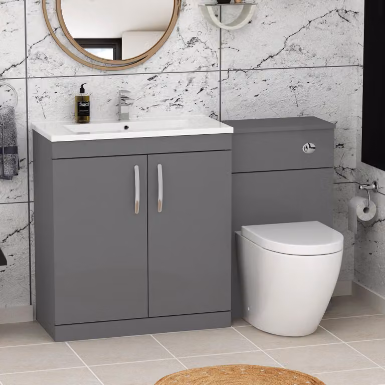 Royal Bathrooms Indigo Grey Gloss 2 Door Furniture Pack with Minimalist Basin and Elva Back to Wall Toilet, W: 130 cm