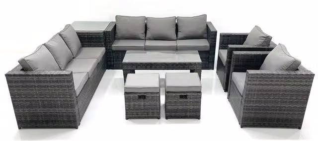 Fimous 10-Seat PE Rattan Garden Sofa Set with Coffee Table and Ottoman in Dark Grey Mixed