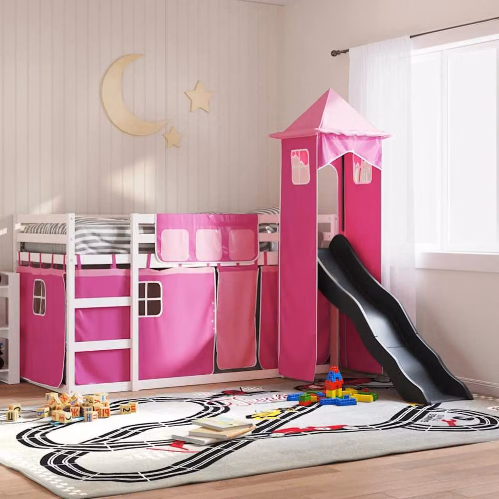 Berkfield Home Elegant Bunk Bed with Slide and Curtains in Pink, White or Anthracite, W/D/H: 90 x 200 cm – 2