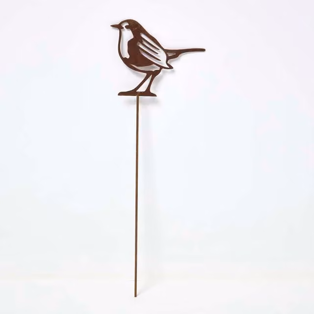 Homescapes Set of 2 Rustic Steel Robin Garden Stake Decorations, Brown