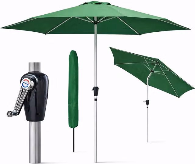 Glamhaus Green Garden Table Tilting Parasol with Crank, Waterproof Aluminium Umbrella, H 270 cm x W 235 cm