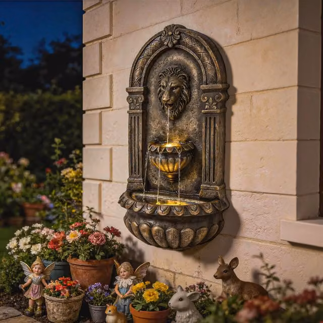 Outsunny Wall-Mounted Garden Water Fountain with LED Lights, Brown