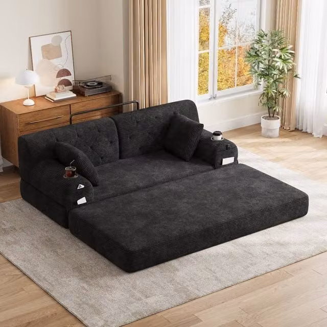 Rolipo Black Corduroy 2-Seater Sleeper Sofa with High Back and Cup Holders