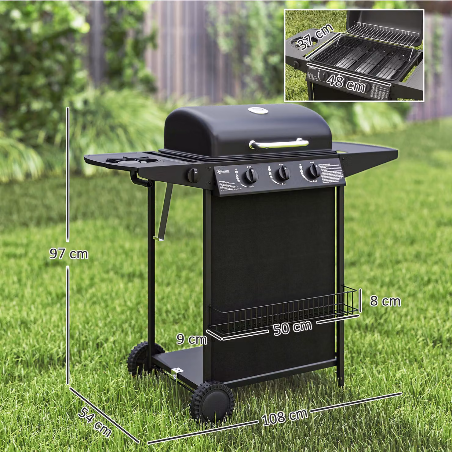 Outsunny 3+1 Burner Gas BBQ Grill and Smoker with Built-in Thermometer, Side Burner, Warming Rack and Wheels, Black – 3