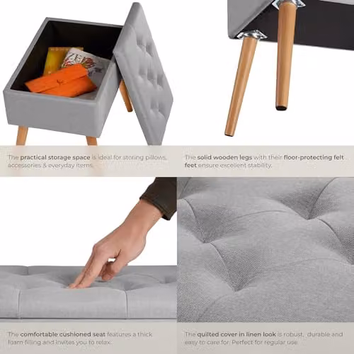 tectake Ranya Upholstered Storage Bench with Removable Top Pad and Beech Wood Legs in Grey – 6