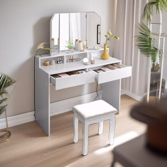 FURNOS Modern 2 Drawer Dressing Table with Tri-Fold Mirror in White