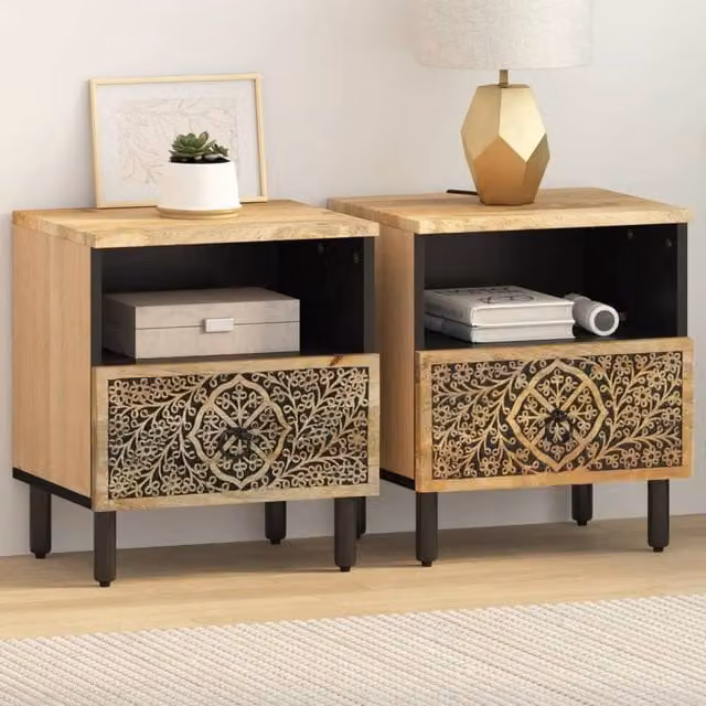 Berkfield Home Set of 2 Solid Mango Wood Bedside Cabinets in Brown, W/D/H: 40 x 33 x 46 cm