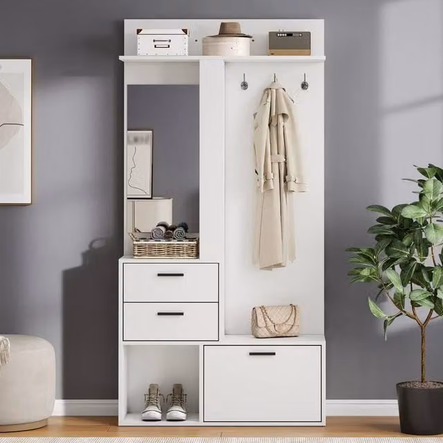 Matteo Modern White Hallway Furniture Set with Mirror, Coat Rack and Shoe Cabinet – 1