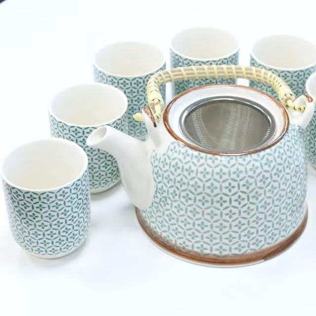 KDMD Ceramic Herbal Teapot Set with Stainless Steel Infuser in Green Geometric Mosaic