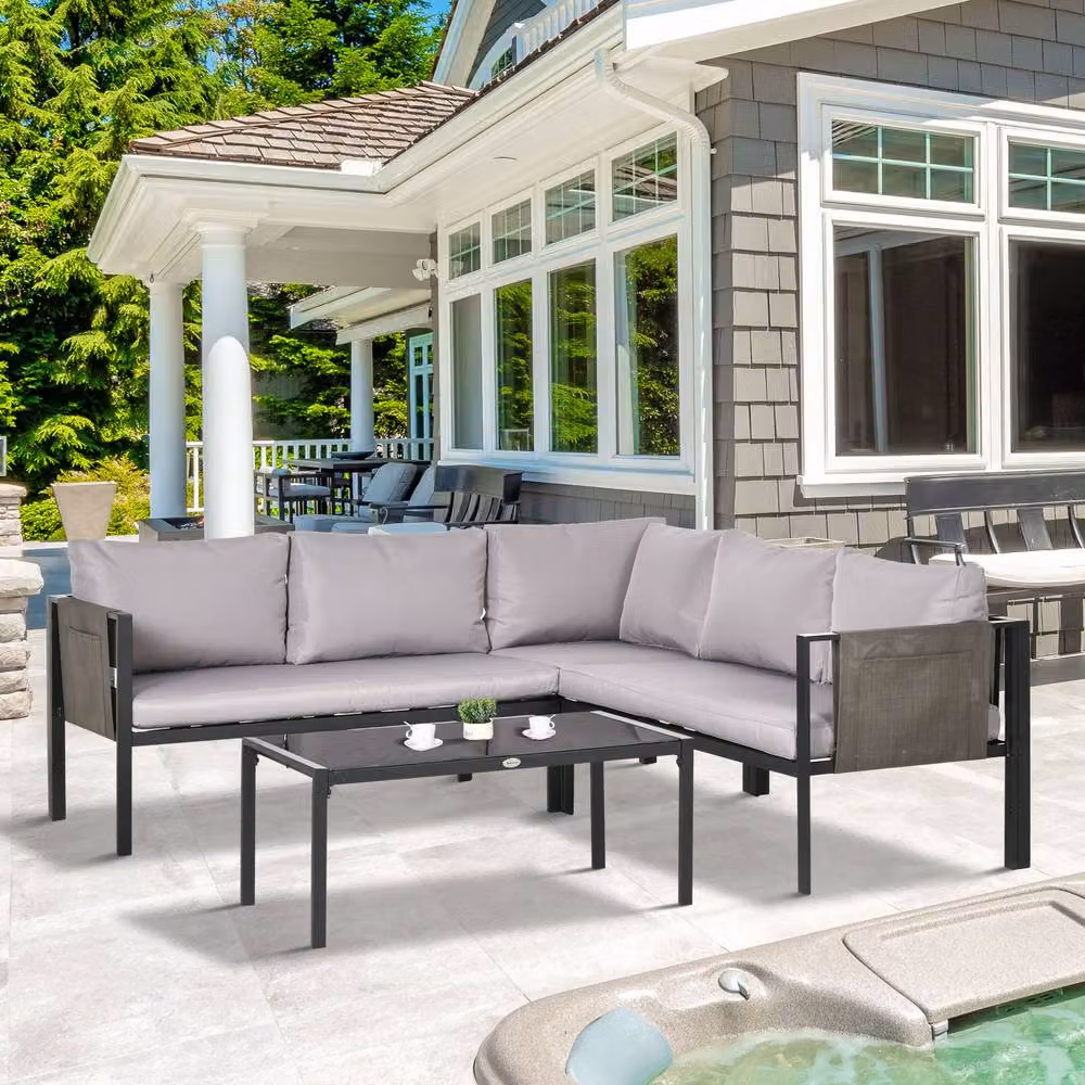 ERGOVEXA 5 Seater L-Shape Garden Corner Sofa Set with Coffee Table in Light Grey – 5