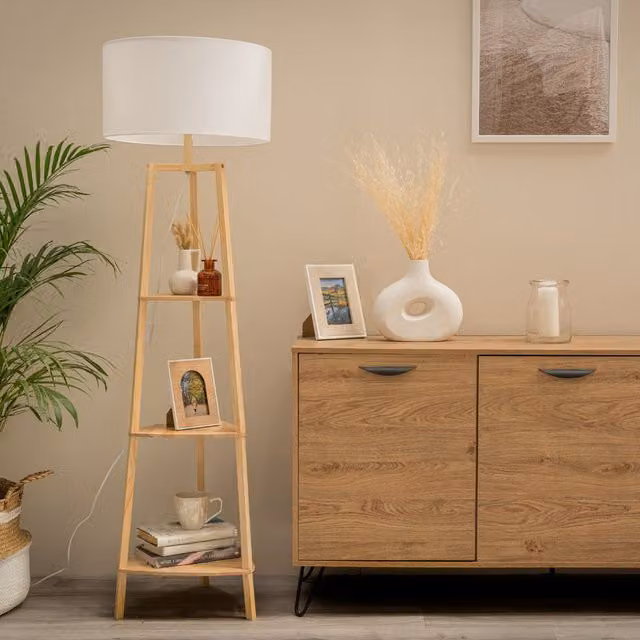 Hiru Natural 3 Tier Shelf Floor Lamp with White Fabric Drum Shade and Wood Accents