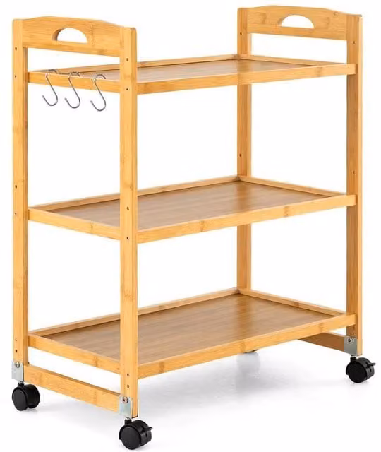 KORVIXA 3-Tier Bamboo Rolling Utility Cart with Adjustable Shelves in Natural Brown, H 90 cm x W 72 cm x D 40 cm – 1