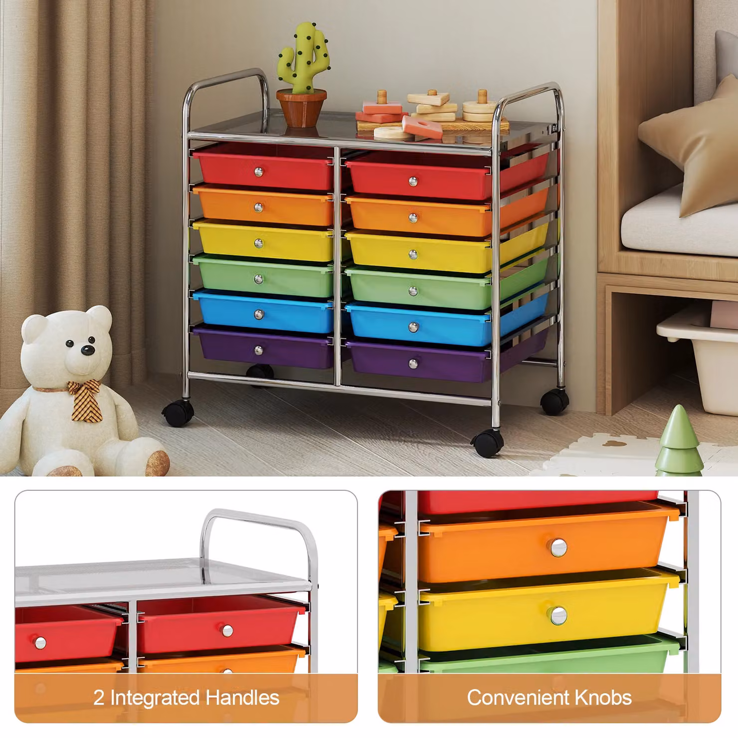 Costway Multi-Purpose Utility Storage Rolling Cart with 12 Drawers and Castors, Multicolour – 6