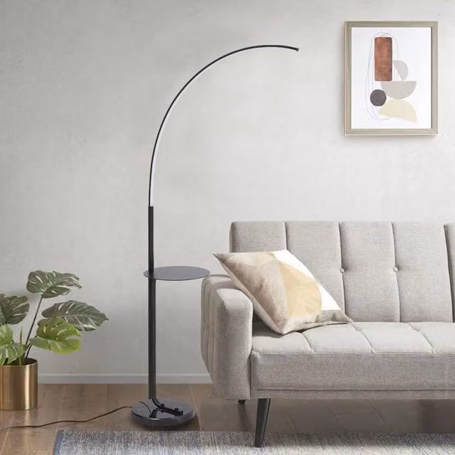 Livingandhome Marble Arc Minimalist LED Floor Lamp with Tray in Black