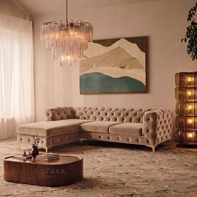 Sofaya Monaco Chesterfield 3 Seater L-Shaped Sofa with Left Hand Chaise in Light Brown Velvet