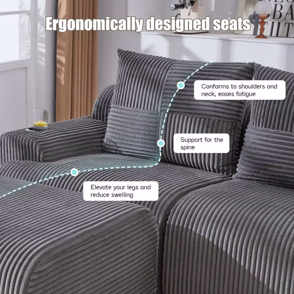 Matteo Dark Grey Modular Corduroy 3-Seater L-Shape Sofa with Reversible Ottoman and Cup Holders – 3