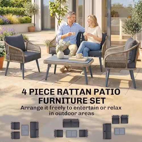 Outsunny 4 Piece Rattan Garden Furniture Set with Upholstered Cushions in Grey – 3