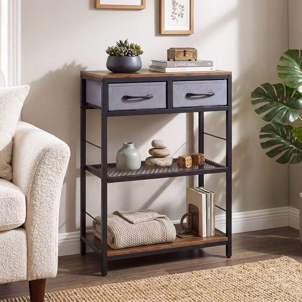 Gymax Narrow Rustic Brown Wood Console Table with 2 Fabric Drawers – 3