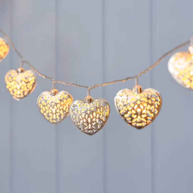 Lights4fun 20 LED Silver Filigree Heart Indoor Fairy Lights with Warm White Lights