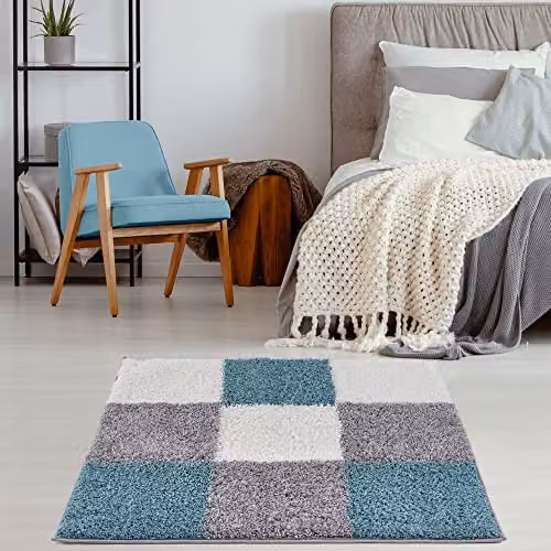 THE RUGS Modern Checked Shaggy Area Rug in Blue and Grey, W/D/H: 120 x 120 x 3 cm – 2