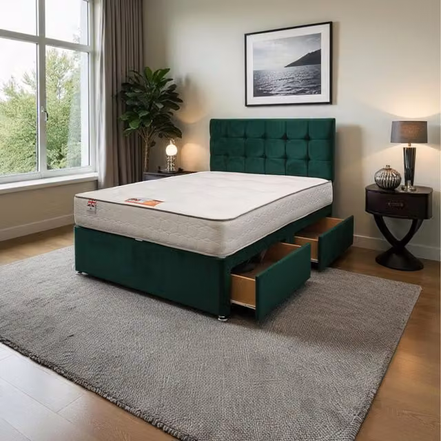 Knight Sleep Modern Upholstered Velvet Bed Set with Mattress and Drawers in Green, W/D/H: 140 x 200 cm