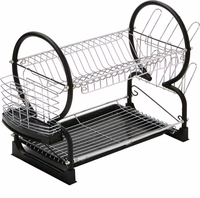 Orsina 2 Tier Dish Drainer with Purple Enamel Frame and Drip Tray in Black