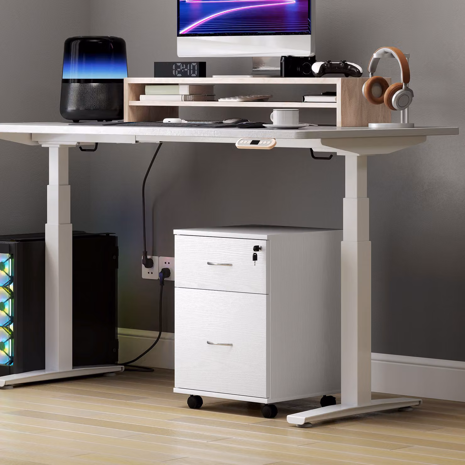 HOMCOM Two Drawer Lockable Filing Cabinet in White Wood Grain with Castors – 6