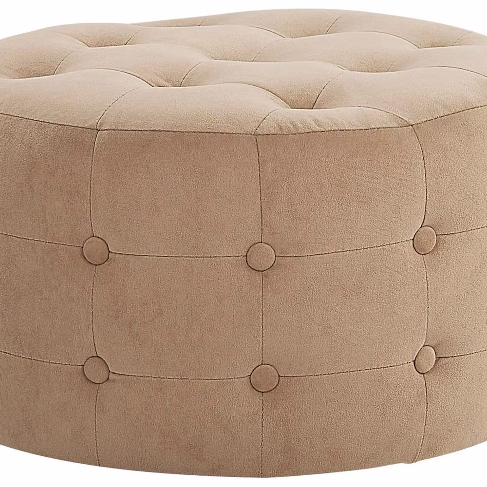 Wyld and Coco Beige Velvet Round Cylindrical Button Tufted Pouffe Footstool – 2