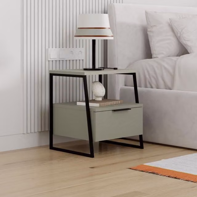 FWStyle Ash Green 1 Door Bedside Table with Black Metal Frame and Handle