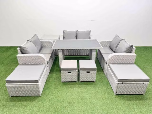 Fimous 10 Seater Patio Garden Furniture Set with Side Table and 4 Stools in Light Grey