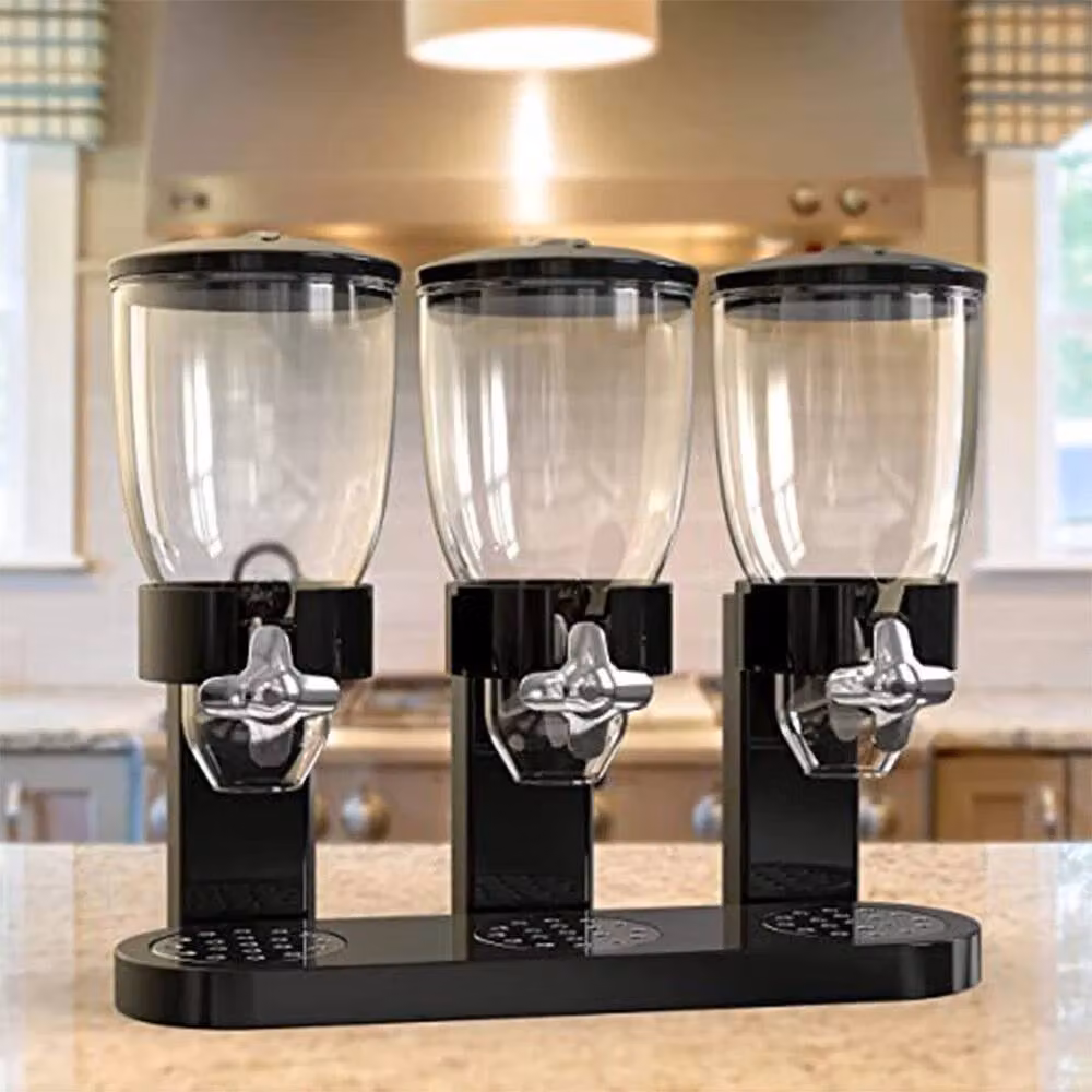 KORVIXA Triple Cereal Dispenser Dry Food Storage Container in Black and Transparent Plastic – 3