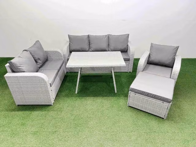 Fimous Patio Dining Table and Chairs Set with Reclining Chair and Big Stool in Light Grey